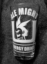 Load image into Gallery viewer, MHA BNHA My Hero Academia All Might Energy Drink etched pint glass tumbler cup fanart