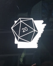 Load image into Gallery viewer, White car decal on the state of Arkansas with a D20 die superimposed at an angle. 
