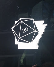 Load image into Gallery viewer, White car decal on the state of Arkansas with a D20 die superimposed at an angle.
