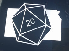 Load image into Gallery viewer, White car decal on the state of Kansas with a D20 die superimposed at an angle.