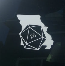 Load image into Gallery viewer, White car decal on the state of Missouri with a D20 die superimposed at an angle.
