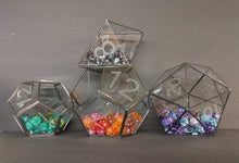 Load image into Gallery viewer, Four different sized dice terrariums. The smaller D12 holds green dice, the larger D12 in the center holds orange and pink dice. On top of the large D12 is a D8 holding black dice. To the right is a D20 holding purple and blue dice. There are a total of 222 dice in the photo (not including the terrariums).