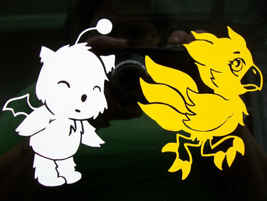 Two decals- a white Moogle, eyes closed, leaning forward with his hands out slightly from his sides/ A yellow chibi choocobo, running.