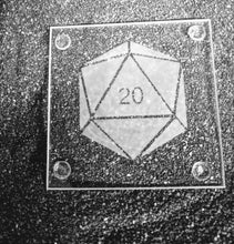Load image into Gallery viewer, A clear square glass coaster etched with a D20 dice design. 
