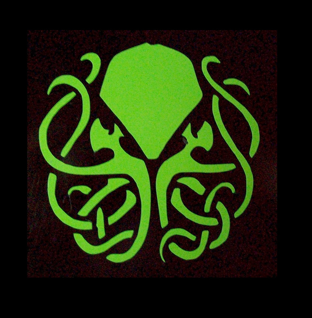 A bright green car decal or Cthulhu. His tentacles are twisted into a celtic knot formation. 