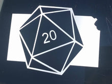 Load image into Gallery viewer, White car decal on the state of Kansas with a D20 die superimposed at an angle. 
