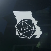 Load image into Gallery viewer, White car decal on the state of Missouri with a D20 die superimposed at an angle. 
