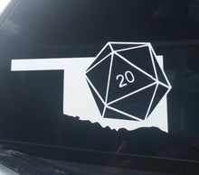 Load image into Gallery viewer, White car decal on the state of Oklahoma with a D20 die superimposed at an angle. 
