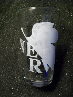 A pint glass etched with the NERV logo from Evangelion. A maple leaf is bisected at an angle with the letters NEon top and RV underneath. 