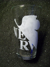 Load image into Gallery viewer, A pint glass etched with the NERV logo from Evangelion. A maple leaf is bisected at an angle with the letters NEon top and RV underneath. 
