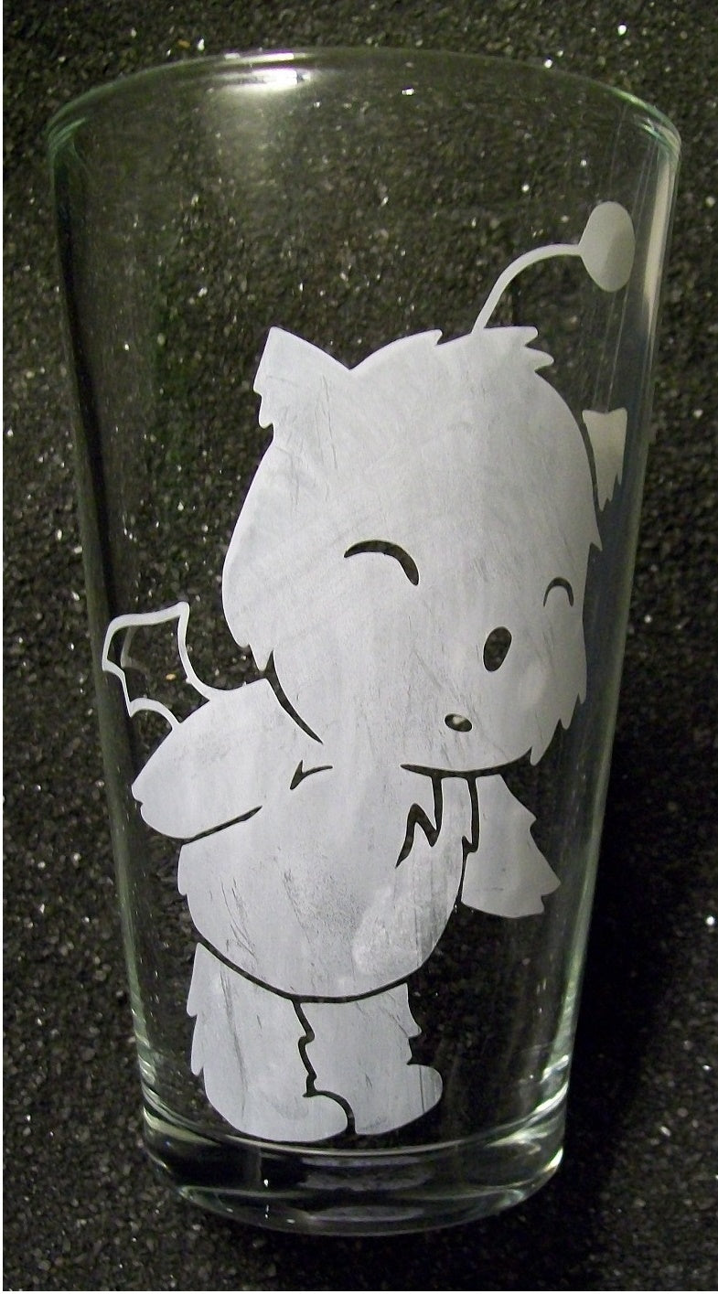 Moogle etched pint glass tumbler cup Final Fantasy Kingdom Hearts fanart
