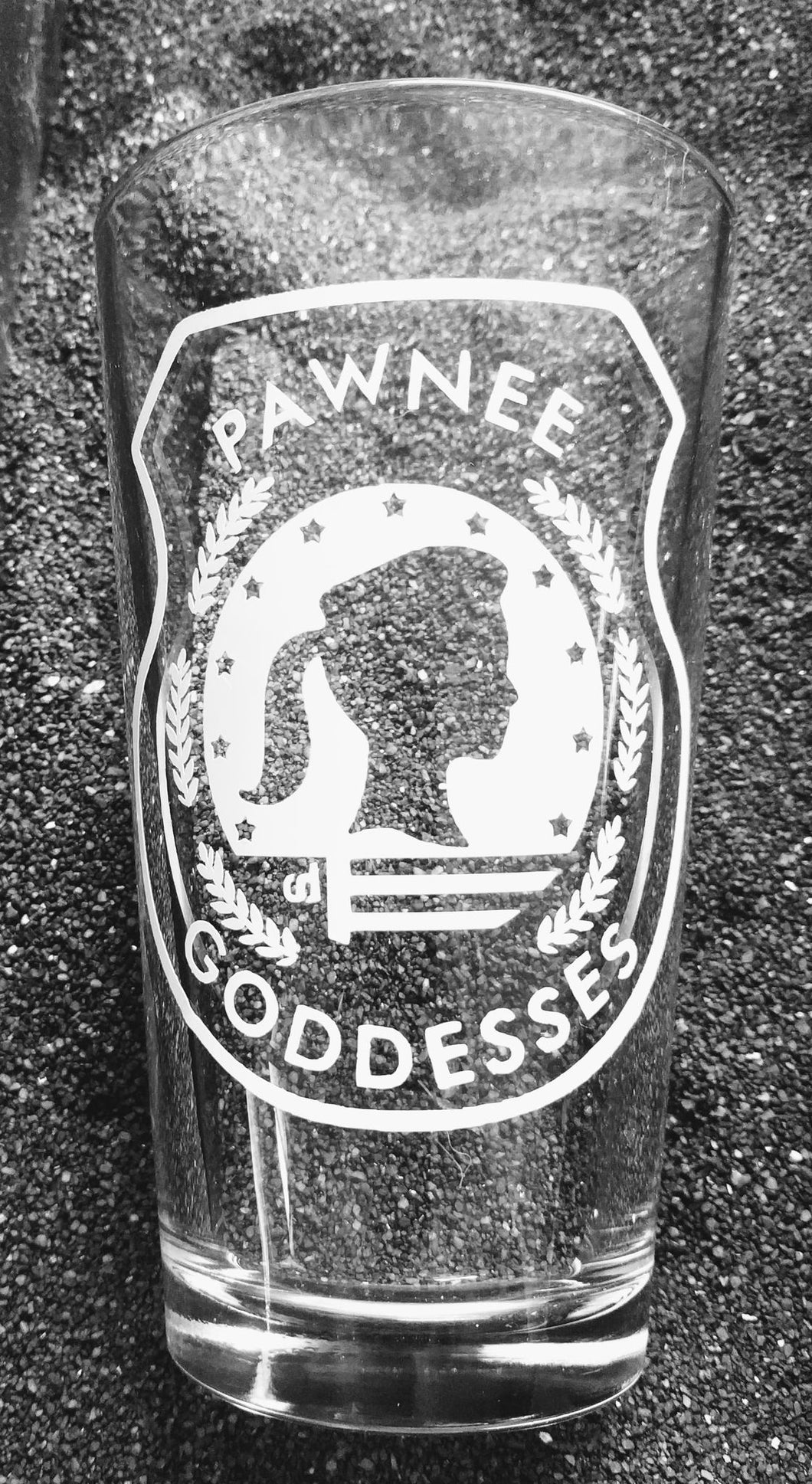 Parks & Recreation inspired Pawnee Goddess etched pint glass water tumbler Leslie Knope