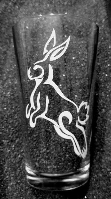 Tribal Tattoo Rabbit Bunny jackrabbit etched pint glass tumbler cup