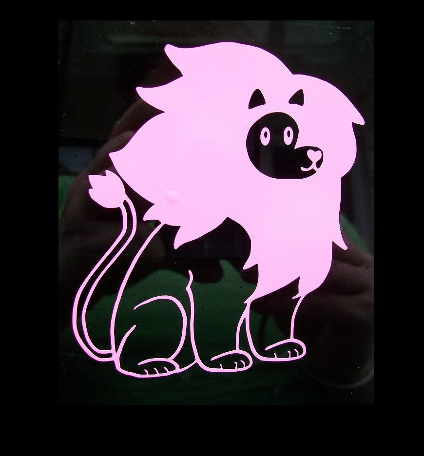 A pink car decal featuring Lion. He is sitting on his haunches facing to the right, with his tail waving behind him. 