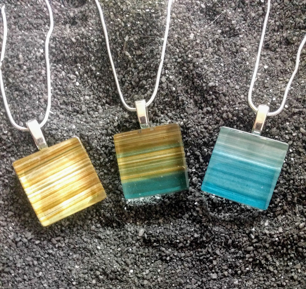 Seashore Glass Pendants- handmade square glass necklace teal turquoise tan sand beach