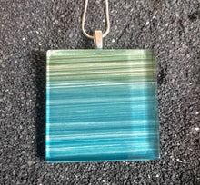 Load image into Gallery viewer, Seashore Glass Pendants- handmade square glass necklace teal turquoise tan sand beach
