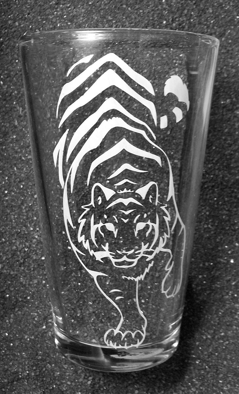Tiger Tribal Tattoo etched pint glass tumbler cup Stormslegacy