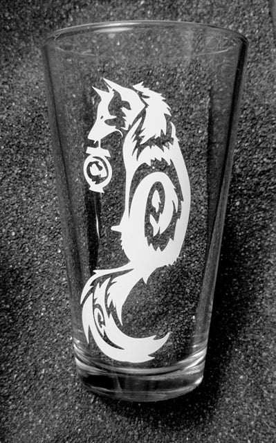 StormsLegacy Okami Kitsune Lantern Fox etched pint glass tumbler cup