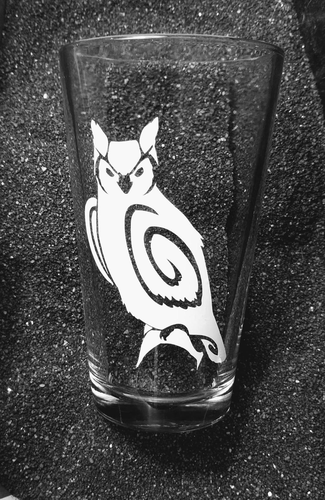 Stormslegacy Tattoo owl etched glass pint tumbler cup