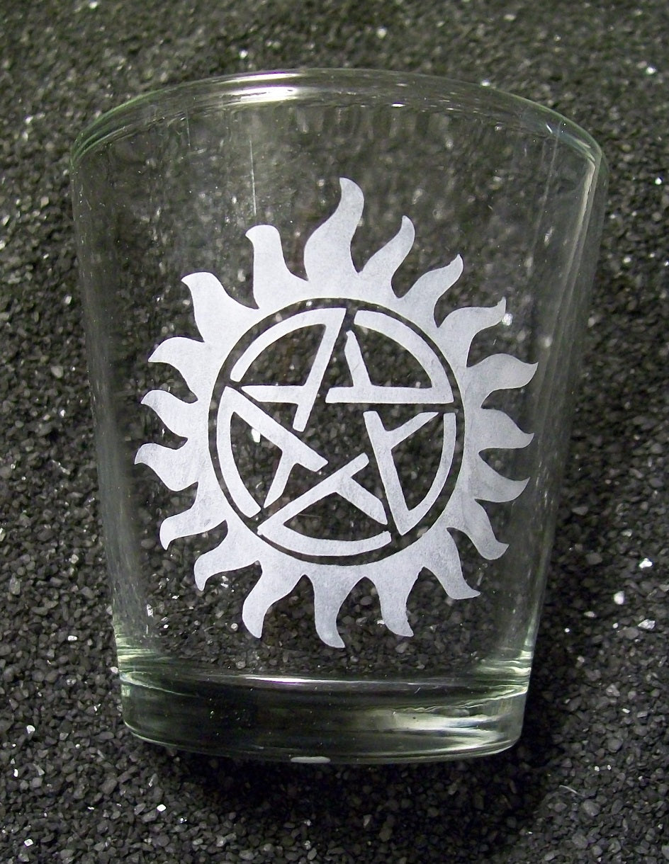 Supernatural inspired Protection tattoo etched XL shot glass