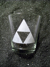 Load image into Gallery viewer, An extra large shot glass etched with the triforce (a large triangle divided into four smaller triangles- the center one is clear).
