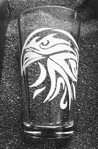 Hawk Tattoo etched pint glass tumbler cup