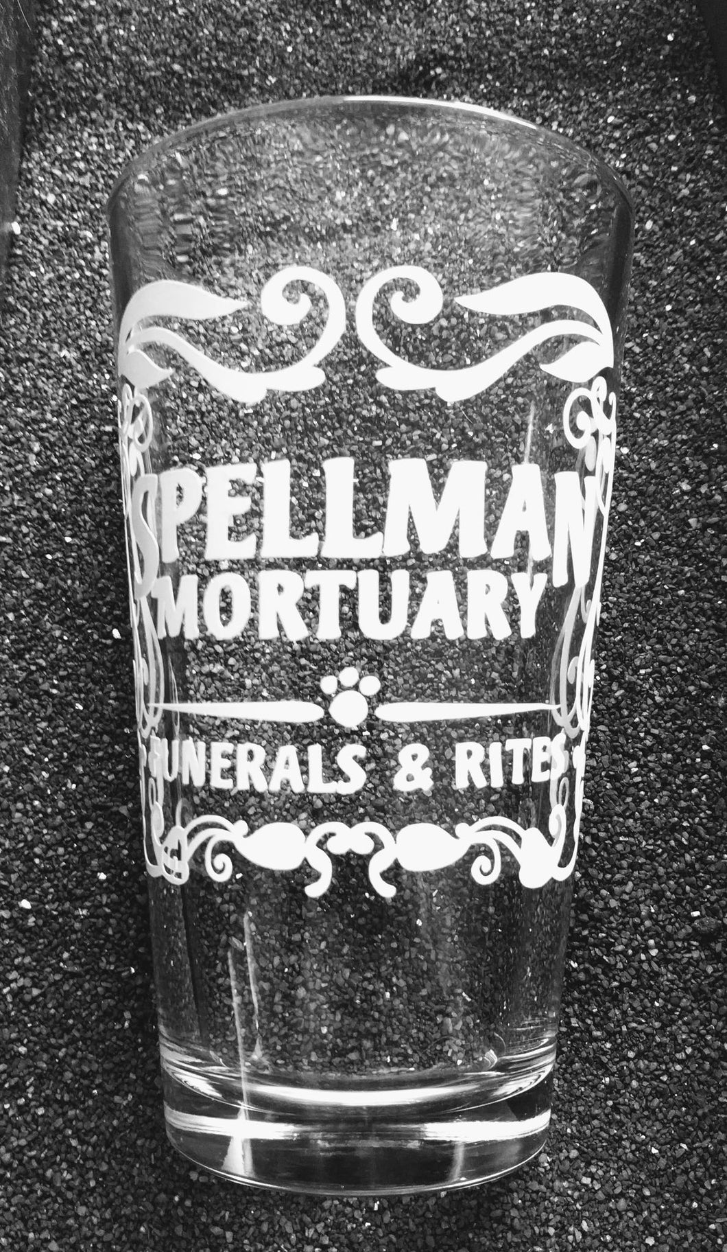 Sabrina inspired Spellman's Mortuary etched pint glass tumbler cup